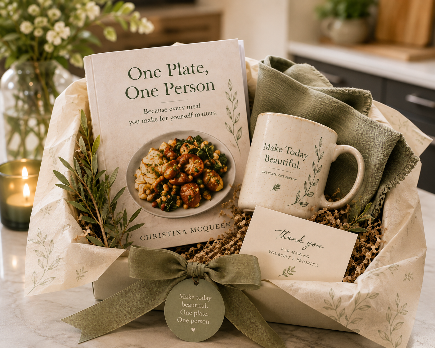 One Plate, One Person gift set with cookbook and Make Today Beautiful mug